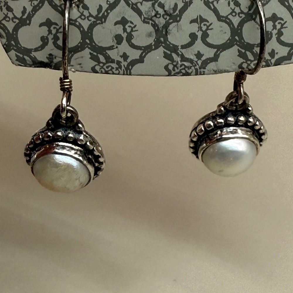 World Market Freshwater Pearl Dangle Earrings Silver Tone Boho Vintage Style - Picture 4 of 4